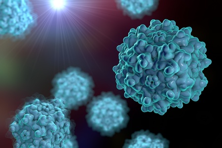 Background with viruses. Adeno-associated virus serotype 1. Virus is used as a vector for gene therapy. A model is built using data of viral macromolecular structure from Protein Data Bank PDB 3NG9の写真素材