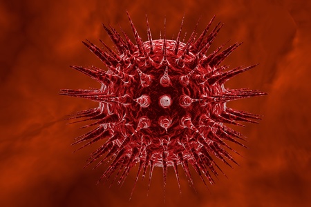 Three-dimensional drawing of viruses in blood, model of viruses on red background, background with...