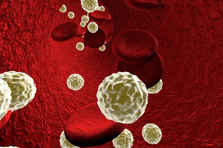 Three-dimensional drawing of viruses in blood with red blood cells, model of viruses on dark red background, background with viruses and red blood cellsの写真素材