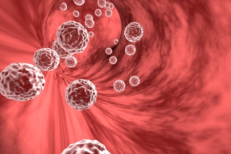 Three-dimensional drawing of viruses in blood with red blood cells, model of viruses, background with viruses and red blood cells, hepatitis virus, HIV virus, healthcare background, medical backgroundの写真素材