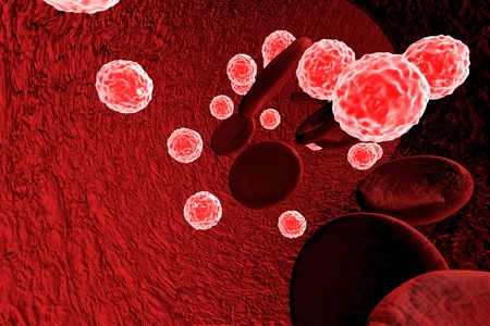 Three-dimensional drawing of viruses in blood with red blood cells, model of viruses, background with viruses and red blood cells, hepatitis virus, HIV virus, healthcare background, medical backgroundの写真素材