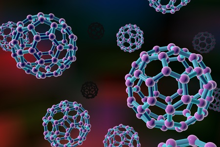 Background with nanoparticles, C60 molecule, carbon nanoparticle, buckyball, chemical structureの写真素材