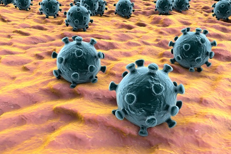 Microscopic view of Coronavirus on the surface of alveoli of respiratory tract, model of virus which...