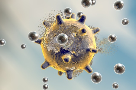 Destruction of a virus by silver nanoparticles. An illustration can be also used to demonstrate action of any antiviral substance or drugの写真素材