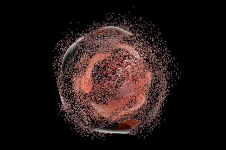 Cell lysis. Destruction of a cell isolated on black background. Can be used to illustrate effect of drugs, medicines, microbes, nanoparticles, apoptosisの写真素材