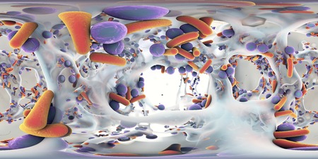 360-degree spherical panorama view inside biofilm of antibiotic resistant bacteria. Rod-shaped and spherical bacteria, 3D illustrationの写真素材