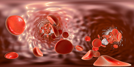 Full spherical panorama 360 degree view inside blood vessel showing red blood cells and white blood cells. 3D illustrationの写真素材