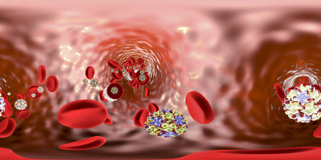 360-degree spherical panorama view of Hepatitis B viruses in blood with red blood cells and leukocytes. 3D illustrationの写真素材