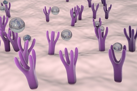 Membrane of cell surface with receptors and molecules coming to receptors, 3d illustrationの写真素材
