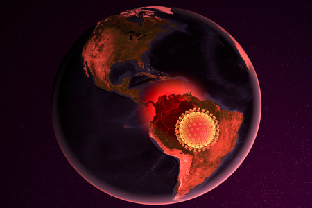 Zika virus and Brazil, 3D illustration. A virus which causes Zika fever found in Brazil and other tropical countries. Zika fever in pregnant women leads to microcephaly in fetus.の写真素材