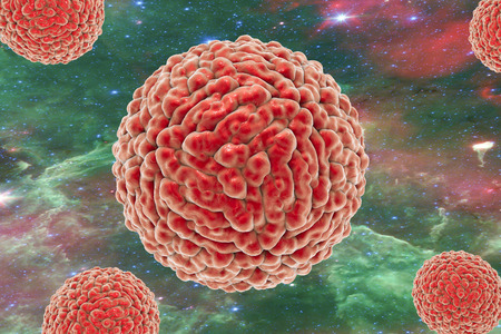 Zika viruses on colorful space background, viruses which cause Zika fever found in Brazil. Zika fever in pregnant women leads to microcephaly in fetus. Elements of this image furnished by NASAの写真素材