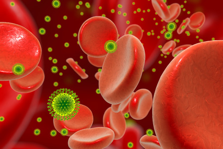 Zika viruses in blood with red blood cells, 3D illustration. Viruses which cause Zika fever found in Brazil and other tropical countries. Zika fever in pregnant women leads to microcephaly in fetusの写真素材