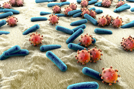 Microbes of different shapes. Rod-shaped and spherical bacteria and viruses isolated on white background. 3D illustratinの写真素材