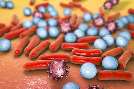 Microbes of different shapes. Rod-shaped and spherical bacteria and viruses isolated on white...