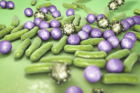 Microbes of different shapes. Rod-shaped and spherical bacteria and viruses isolated on white...