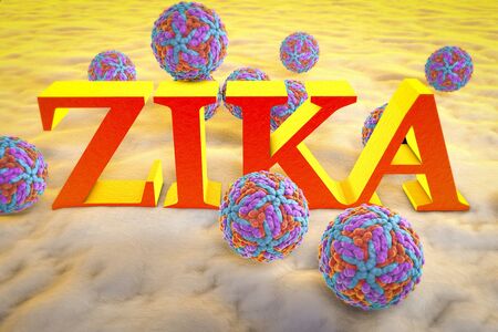 Zika viruses, 3D illustration. A virus which causes Zika fever found in Brazil and other tropical countriesの写真素材