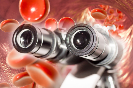 Laboratory microscope and blood flow, 3D illustration. Concept for research and laboratory diagnosisの写真素材