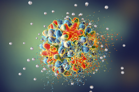 Destruction of hepatitis B virus by silver nanoparticles, 3D illustration. Conceptual image for...