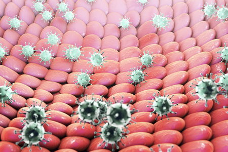 Viruses infecting human cells, 3D illustration. Conceptual image for pathogenesis of virus infection