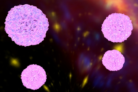 Enteroviruses. Coxsackievirus, a virus which causes respiratory, enteric and brain infections, 3D...