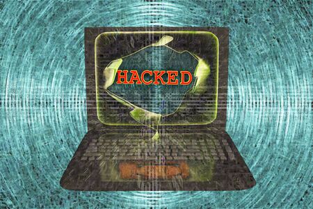Computer hacking, conceptual image. 3D illustration showing bursting of laptop screen and hacked...
