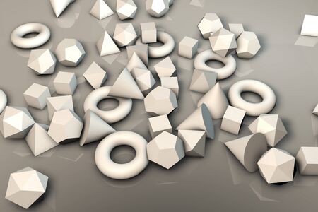 Background with different 3D geometrical shapes, 3D illustration