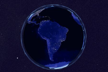 Planet Earth from space showing South America in night with enhanced bump, 3D illustration,