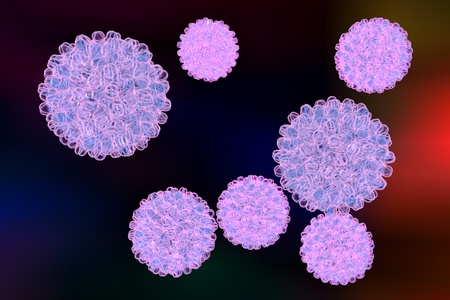 Hepatitis B virus on colorful background, 3d illustration. A model is built using data of viral...