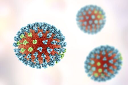 Influenza virus. 3D illustration showing surface glycoprotein spikes hemagglutinin blue and neuraminidase greenの写真素材