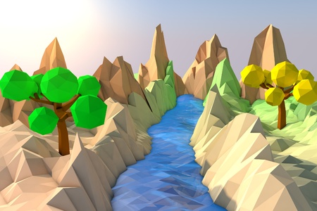 Low-polygonal landscape with trees, mountains and river, 3D illustration