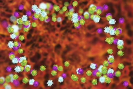 Set of viruses of different shapes with central free space for title and text, 3D illustrationの写真素材