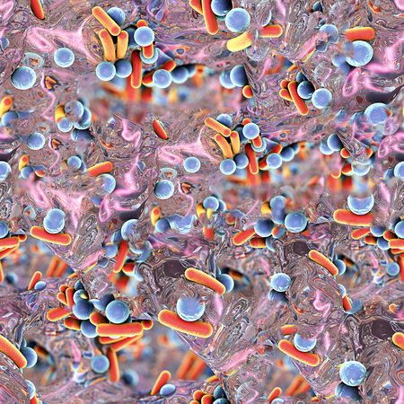 Antibiotic-resistant bacteria inside biofilm, seamless background. Rod-shaped and spherical bacteria...