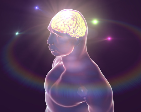 Human brain inside body on shining background, 3D illustration