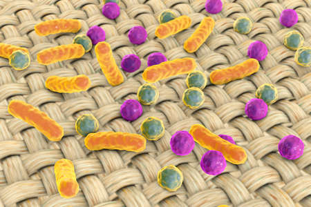 Dirthy cloths. Conceptual image showing microbes on the surface of fabric, 3D illustration