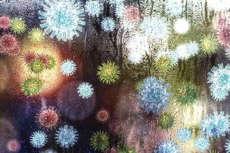 Cold viruses, conceptual image. 3D illustration showing viruses and the rain. Viruses which cause respiratory infections in cold rainy seasonsの写真素材