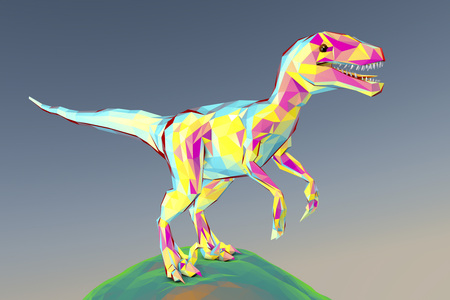 Low-polygonal dinosaur Velociraptor standing on the Earth against sky background, 3D illustrationの写真素材
