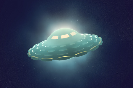 UFO flying spaceship. Alien intergalactic saucer, 3D illustration