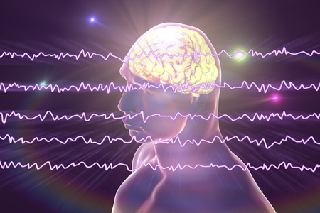 EEG Electroencephalogram, brain wave in awake state with mental activity, 3D illustration