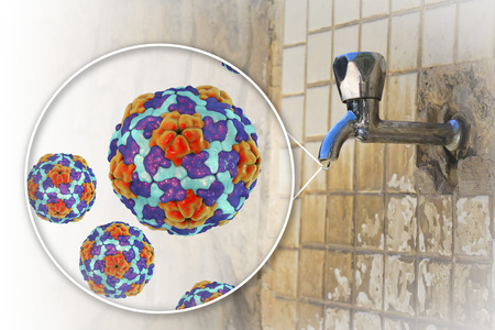 Safety of drinking water concept, 3D illustration showing Hepatitis A viruses contaminating drinking...