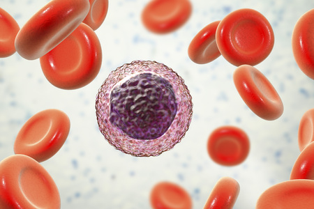 Lymphocyte surrounded by red blood cells, 3D illustrationの写真素材