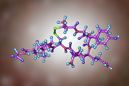 Molecule of oxytocin, a hormone released from the neurohypophysis, 3D illustration. It causes...