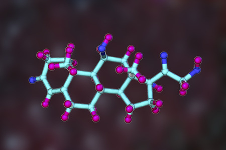 Molecule of cortisol hormone, 3D illustration. Cortisol is a steroid hormone of glucocoticoid class...