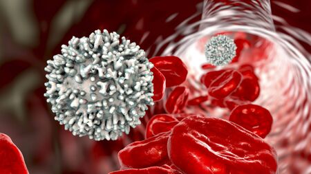 Lymphocyte cell inside blood vessel, flowing blood cells, 3D illustration. T-cell or B-cell