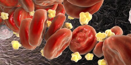 Cholesterol molecules in blood, 3D illustration. Cardiovascular disease development conceptの写真素材