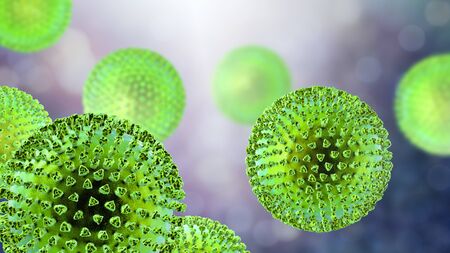 Viruses with surface spikes, 3D illustration. Science research background