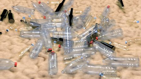 Plastic bottles on an ocean bottom or a beach, pollution and ecology disaster concept, 3D...