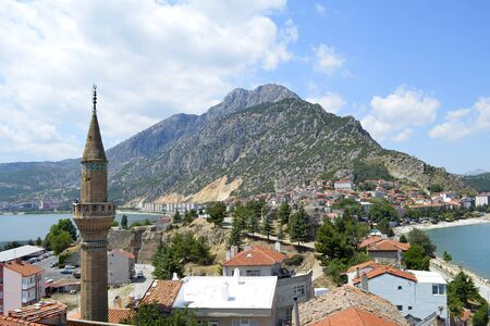 Egirdir town, view on mountain, mosque, houses and lake in Isparta province, Turkeyの写真素材