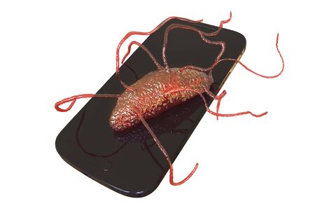 Microbial contamination of a mobile phone, smartphone, conceptual image, 3D illustration