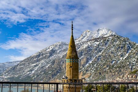 Turkey, Isparta province, Egirdir town. The Needle mountain with mosque in winterの写真素材