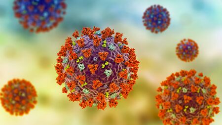 SARS-CoV-2, the coronavirus that causes COVID-19, 3D illustration shows surface spikes of the virus...
